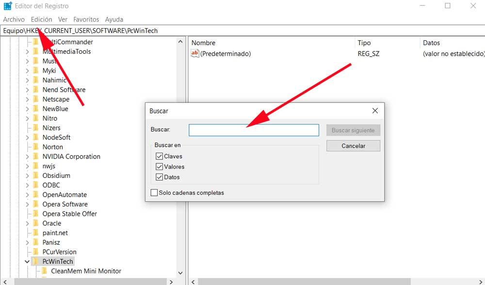 rechercher dans le registre Windows