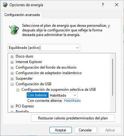 plan d'alimentation USB Windows 11