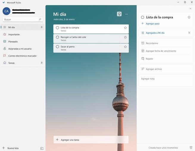 Menu principal Microsoft To Do