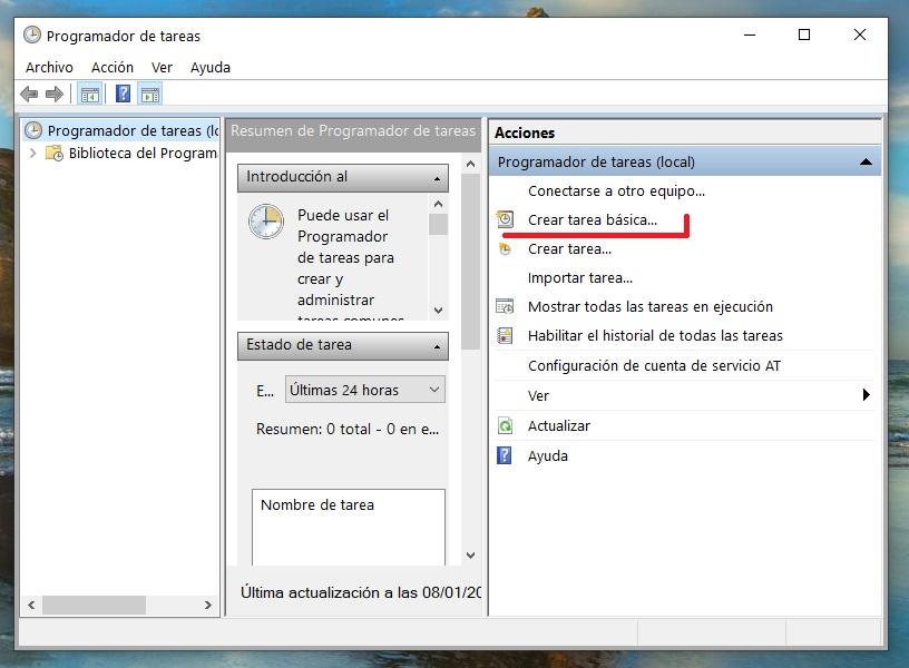 Menu du planificateur de tâches