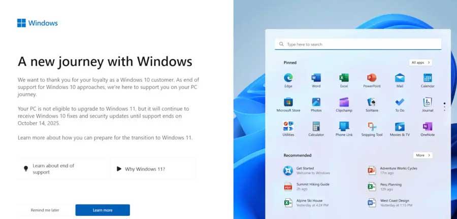 Notification de prise en charge de Windows