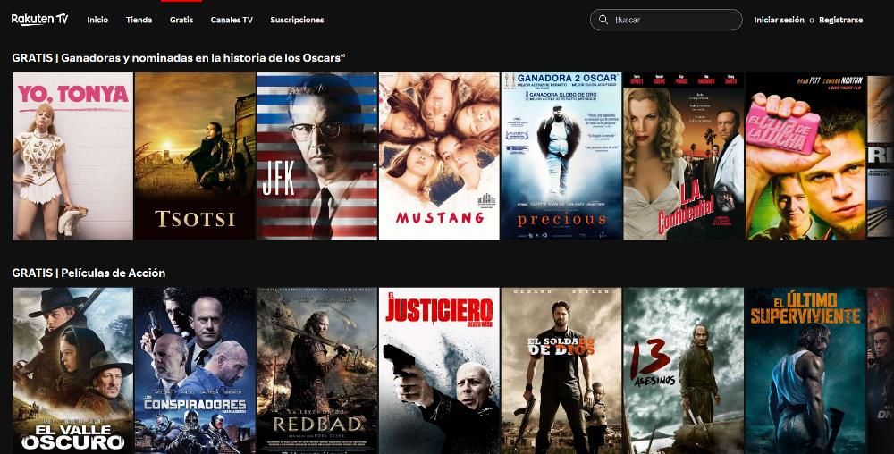 Page d'accueil de Rakuten TV montrant des films et des séries disponibles dans son catalogue gratuit et de paiement.