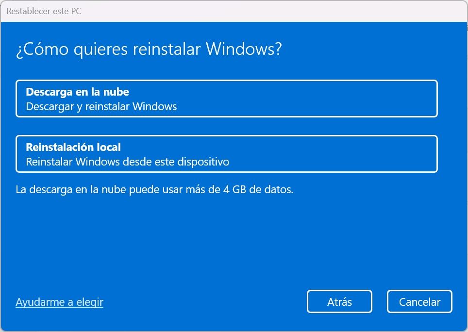 Windows Reinstallation Assistant 11. Choisissez si nous voulons utiliser l'installation locale ou réinstaller dans le cloud.
