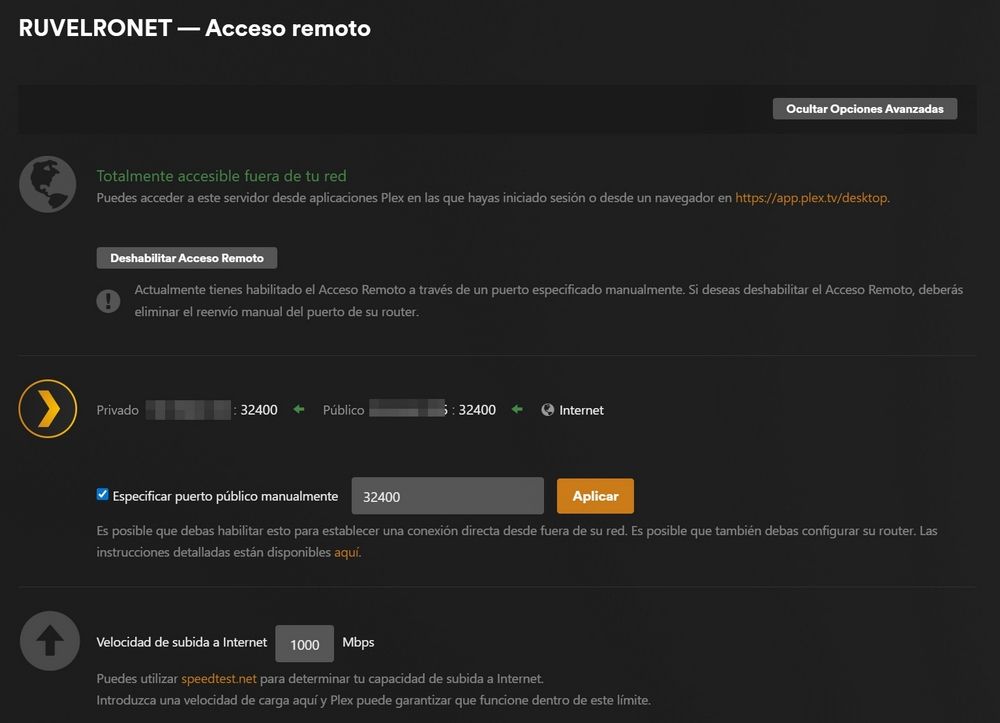 Panneau de paramètres d'accès à la télécommande Plex