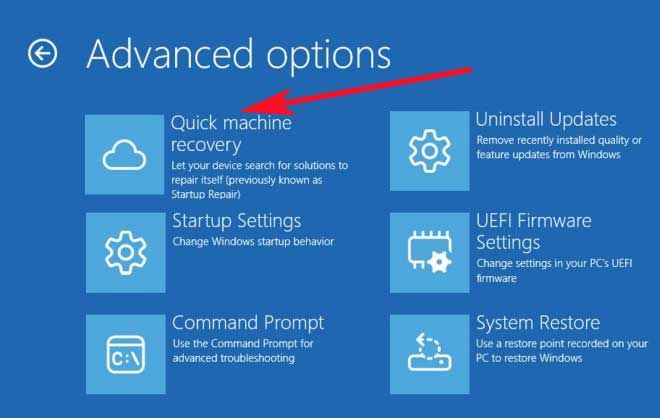 Interface d'outil de récupération rapide rapide dans l'environnement de récupération de Windows (Winre), affichant les options pour réparer le système en connectant la mise à jour Windows.