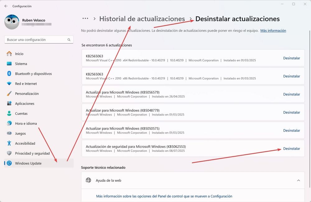 Fenêtre de configuration de Windows 11 dans la section pour désinstaller les mises à jour, avec le patch KB5062553 sélectionné