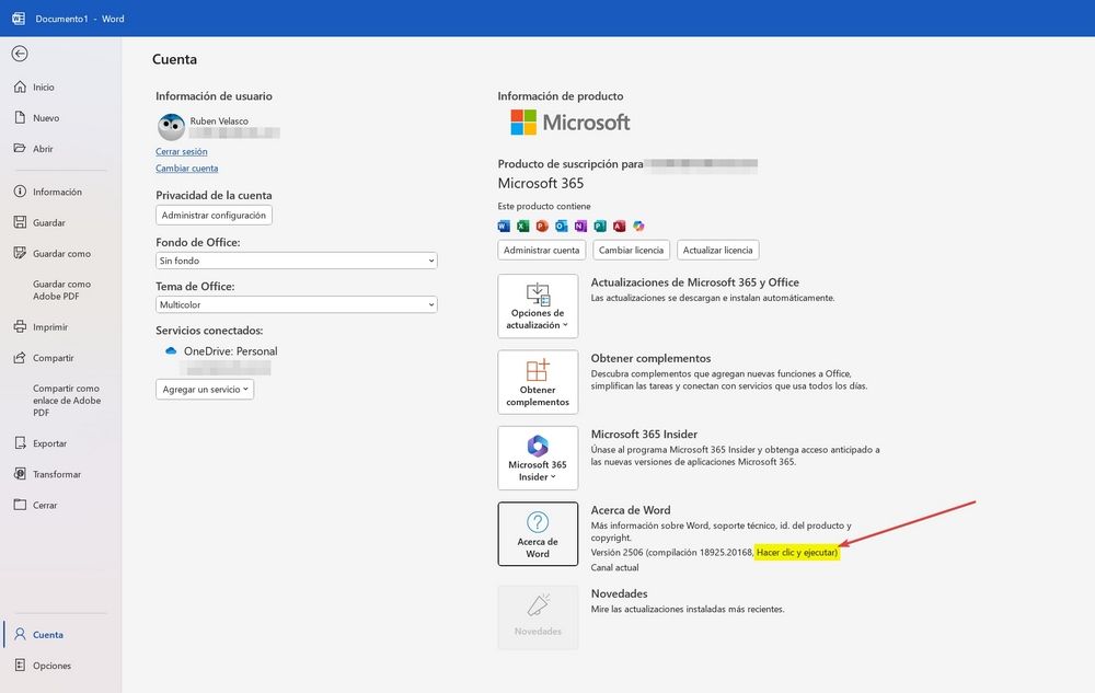 Capture de l'écran Word avec des informations sur la version clic-to-run