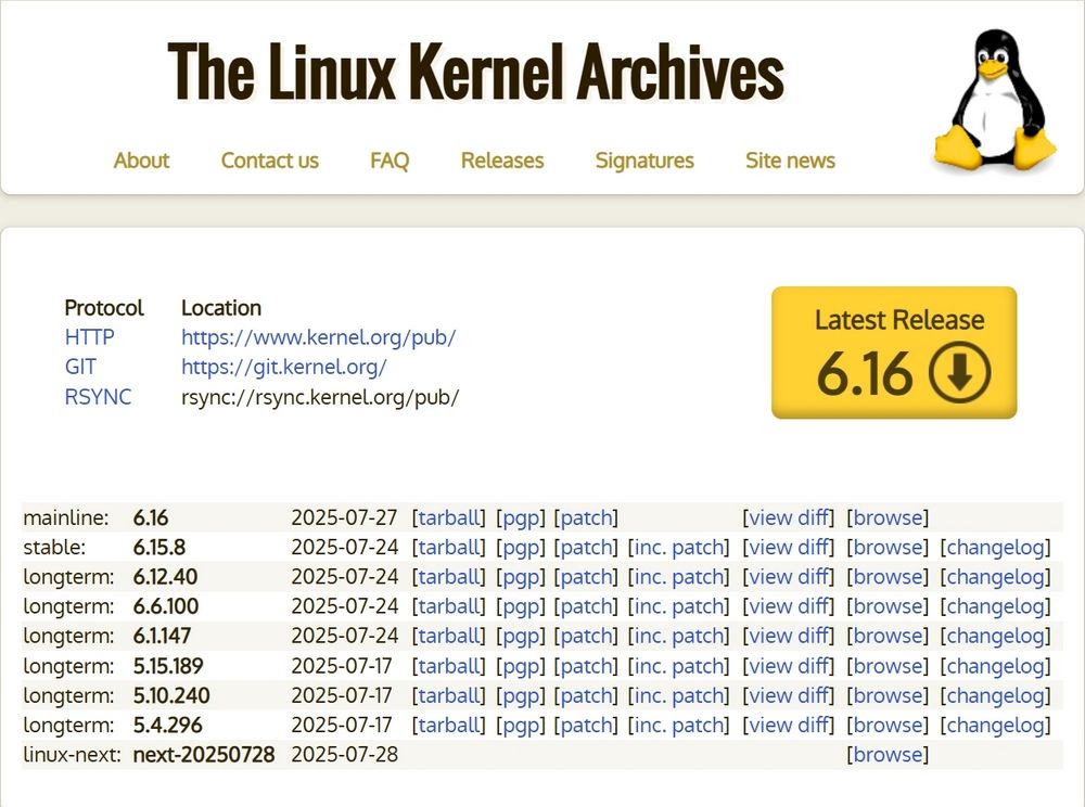 Site Web officiel Kernel.org affichant les liens de téléchargement du code source de la version stable de Linux 6.16.