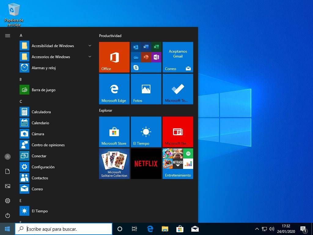 Bureau de Windows 10 avec le menu Open Démarrer