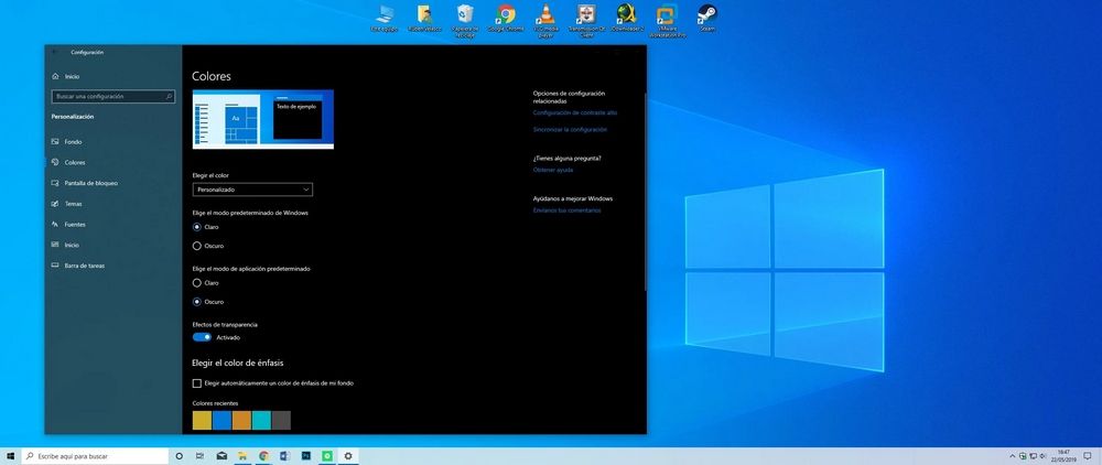 Capture d'écran du panneau de configuration de Windows 10 avec le mode sombre activé