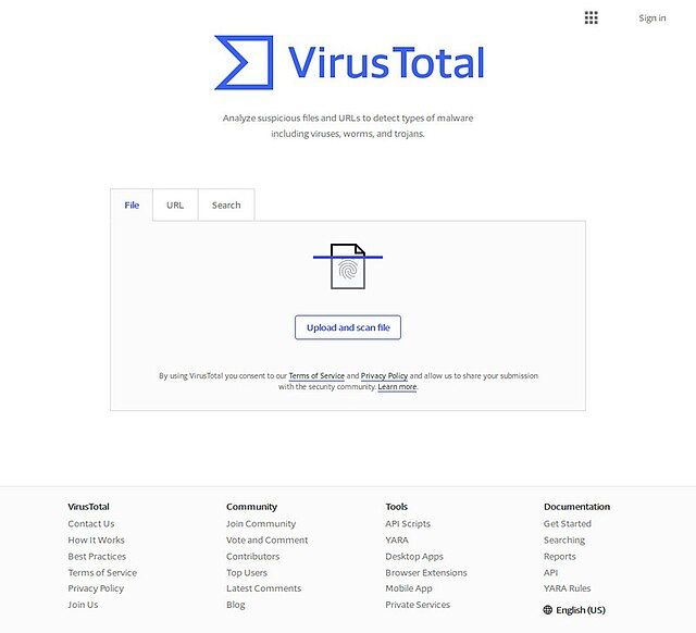 Capture d'écran Virustotal