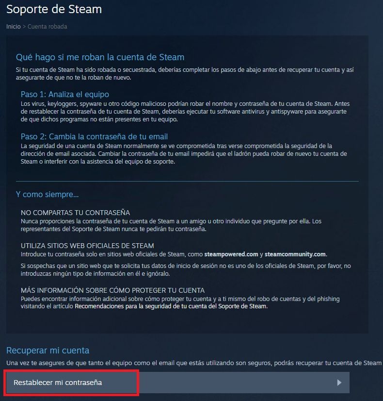 Page de recommandation de vapeur