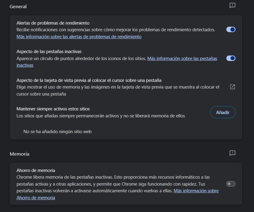 Configuration des performances chromées