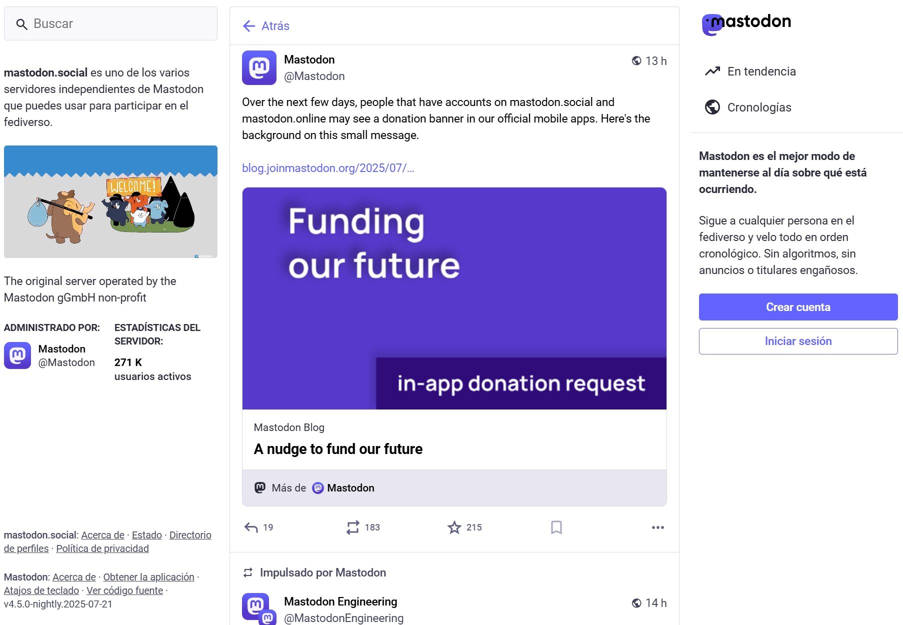 Interface utilisateur de la plate-forme Mastodon montrant une chronologie des publications et le menu de navigation.