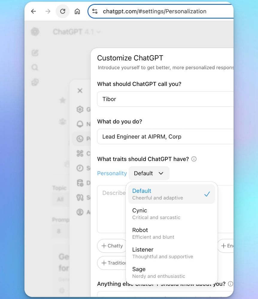 Capture d'écran de menu «Personnaliser le chatppt» montrant la nouvelle option pour sélectionner une personnalité, avec les options gaies, cyniques, robots, auditeurs et sages visibles.