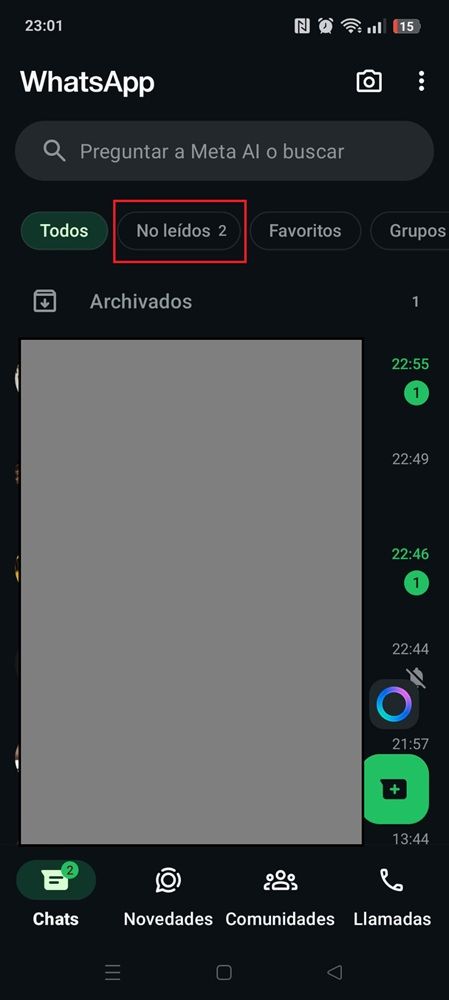 Menu principal de l'application WhatsApp