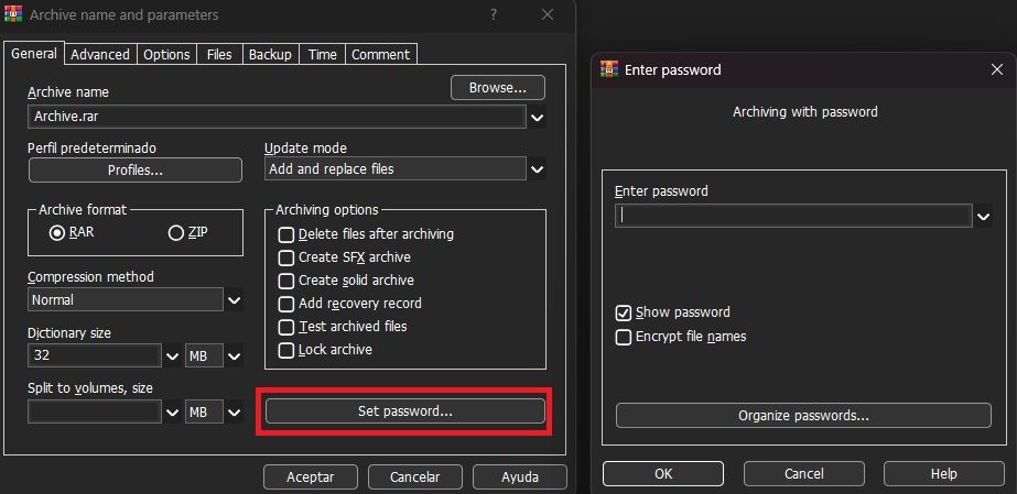 Options de compression Winrar