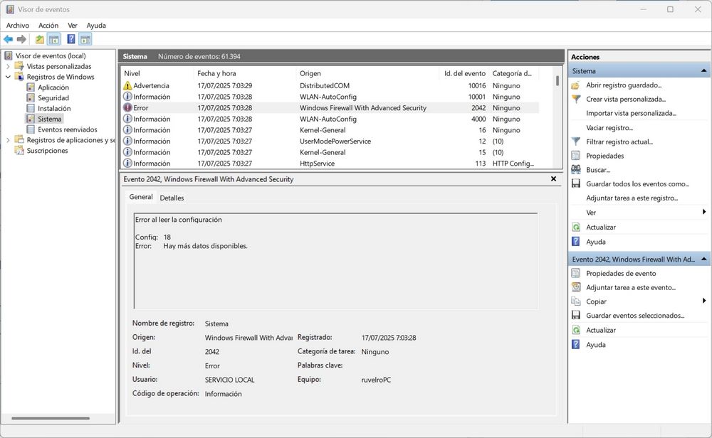 Capture d'écran de la visionneuse de l'événement Windows 11 montrant l'erreur critique avec l'ID 2042 lié au pare-feu de Windows Defender