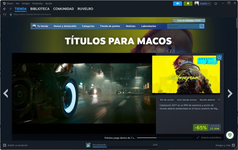Capture d'écran de vapeur montrant le magasin de jeux pour macOS, en particulier, le cyberpunk 2077