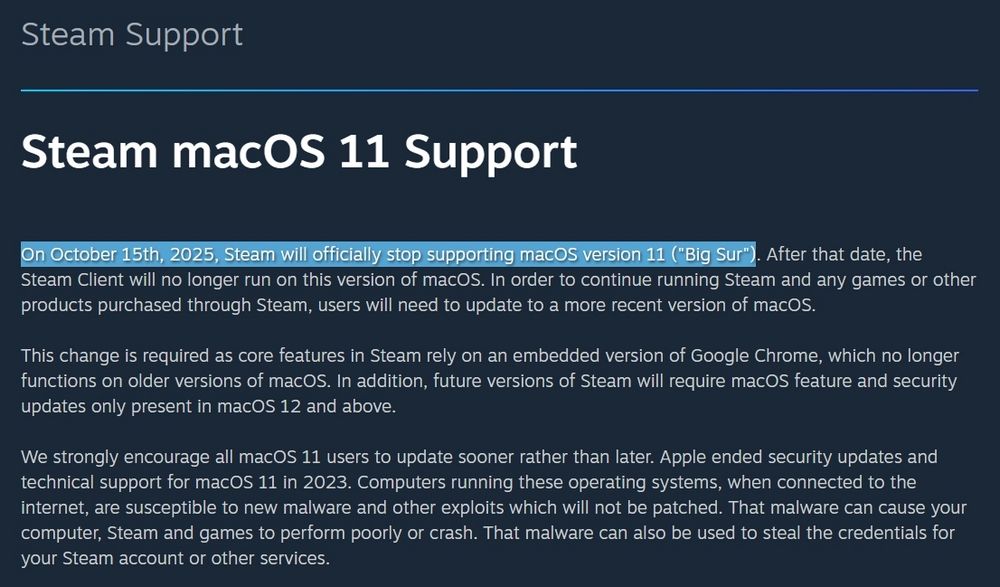 Annonce sur la fin du support de Steam pour MacOS.
