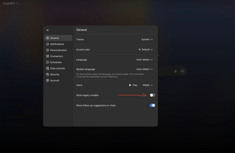 Panneau d'options GPT-5