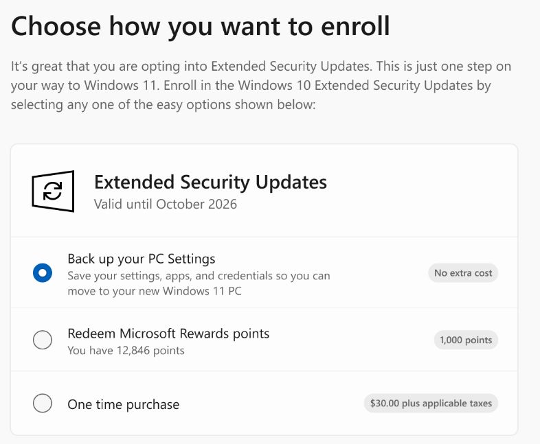 Fenêtre de choix de support prolongé Windows