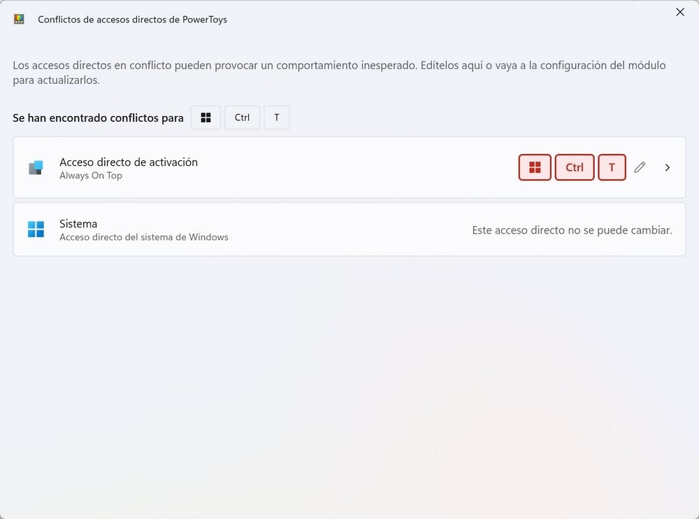 Avertissement de conflit de raccourci clavier Windows à Microsoft PowerToys 0.94