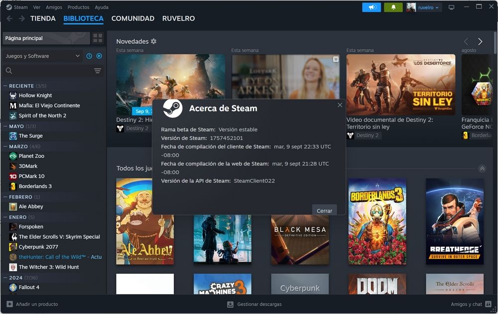 Fenêtre d'information Steam affichant le numéro de version et la date de compilation du client.