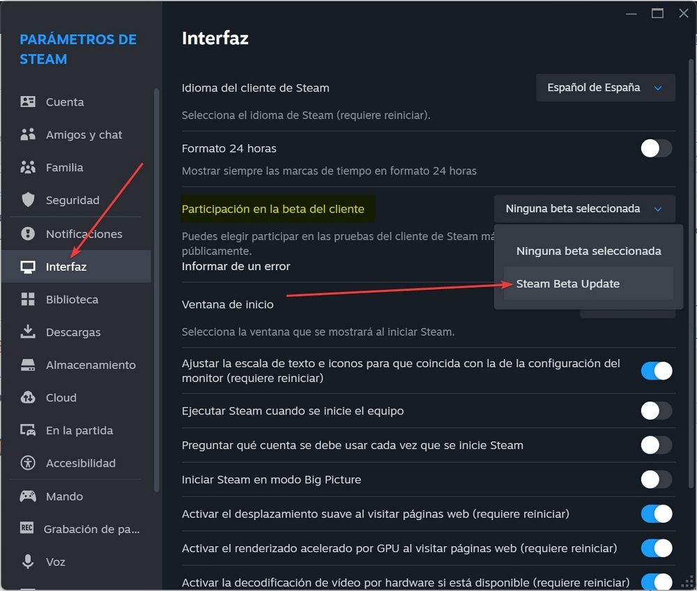 Fenêtre de configuration de vapeur montrant le menu Drop -Down pour modifier la participation à la version bêta du client.