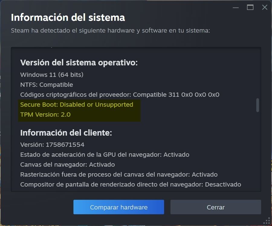Capture de la fenêtre d'information du système Steam, mettant en évidence les nouvelles lignes qui indiquent l'état de Boot sécurisé et TPM 2.0.