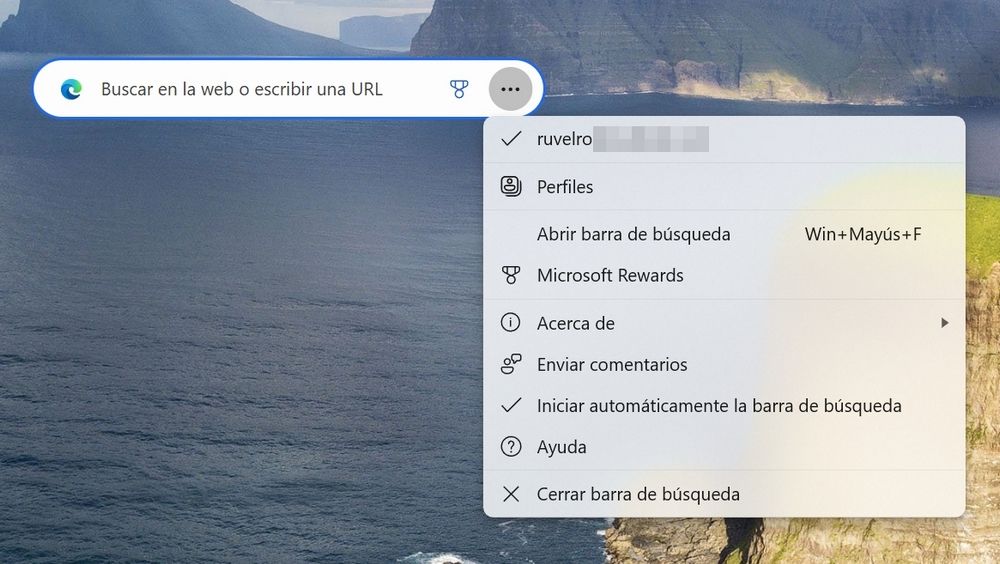 Options de la barre de recherche d'Edge, mettant en évidence les options pour fermer la barre et empêcher son démarrage automatique.