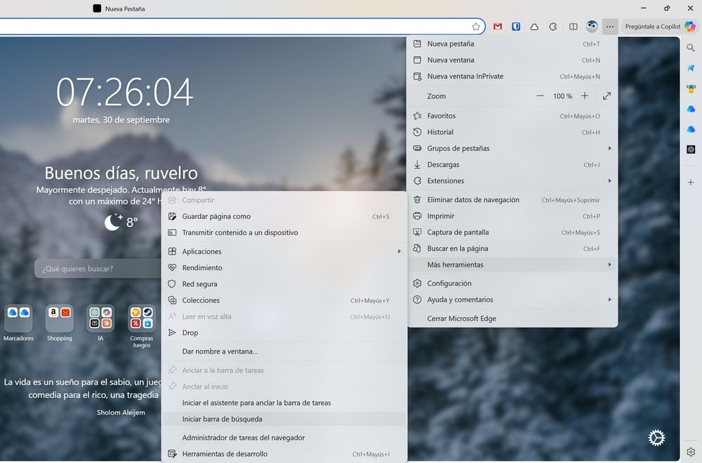 Aimitez le menu Microsoft Edge pour réactiver la barre de recherche: plus d'outils, puis démarrer la barre de recherche.