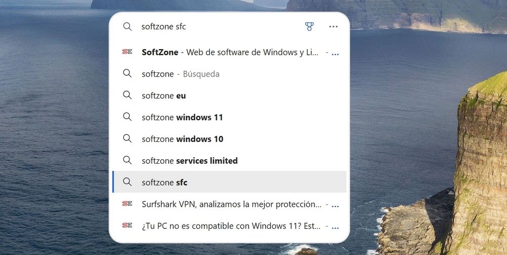 Exemple de résultats de recherche qui apparaissent lors de l'écriture dans la barre d'Edge, montrant des suggestions d'histoire et de Bing.
