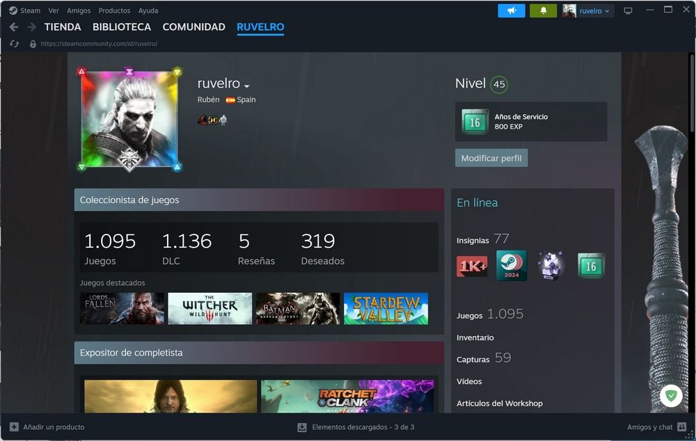 Exemple de profil utilisateur sur la plate-forme Steam, avec avatar, niveau de compte et jeux récents affichés.