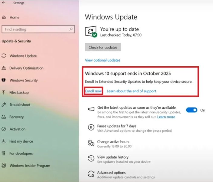 Programme ESU Windows 10