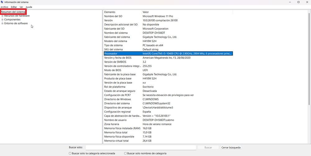 Menu d'informations de processeur