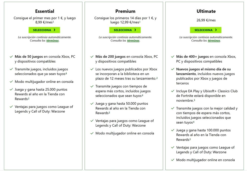 Tableau avec les nouveaux plans et prix de réussite de jeu Xbox en Espagne à partir d'octobre 2025: Core, Premium et Ultimate.
