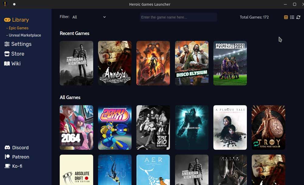 Interface de lanceur de lanceurs de jeux héroïques sur Linux, montrant une bibliothèque de jeux de la boutique de jeux Epic.