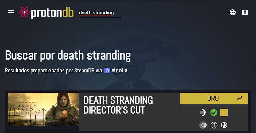 Page de jeu Death Stranding dans le magasin de vapeur en cours d'exécution à Linux, avec une indication de compatibilité des protons et une icône de jeu de vapeur.