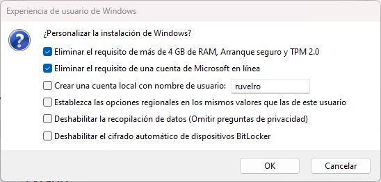 Fenêtre Rufus où les options pour personnaliser l'expérience utilisateur Windows sortent.