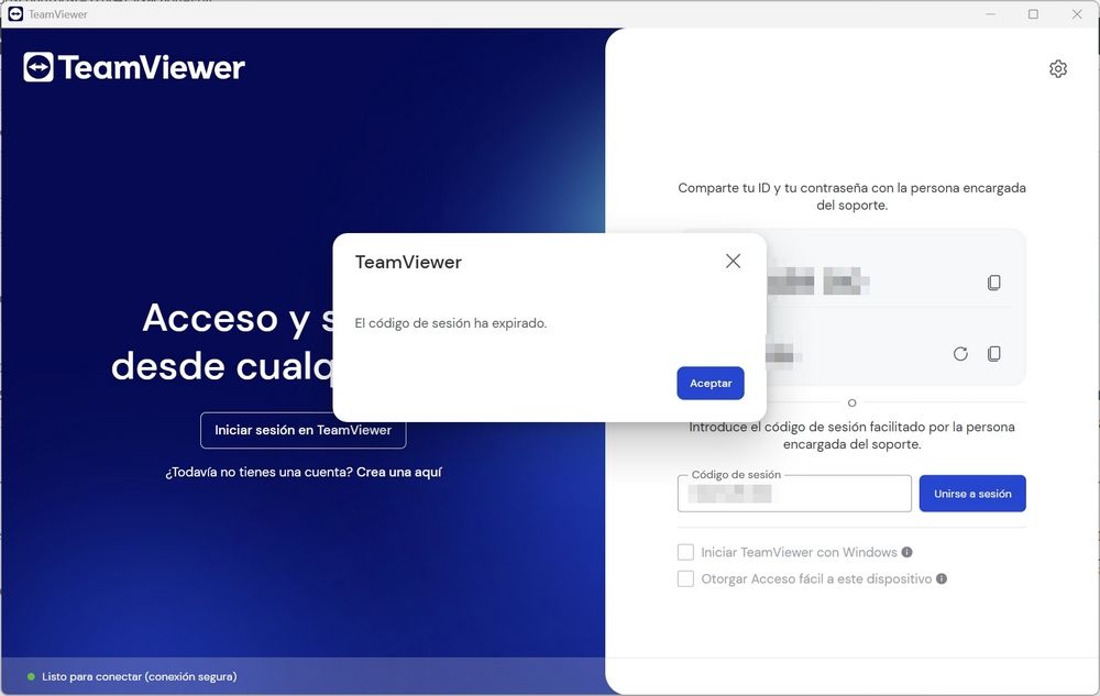 Capture d'écran de TeamViewer avec le message d'erreur de code expiré lors de la tentative de connexion à un ordinateur distant.