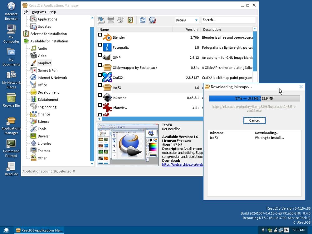 Capture d'écran de ReactOS montrant le centre logiciel et les programmes de téléchargement à utiliser dans le système d'exploitation.