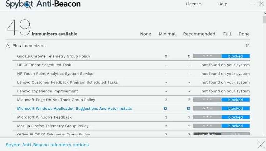 Interface utilisateur anti-balise de Spybot
