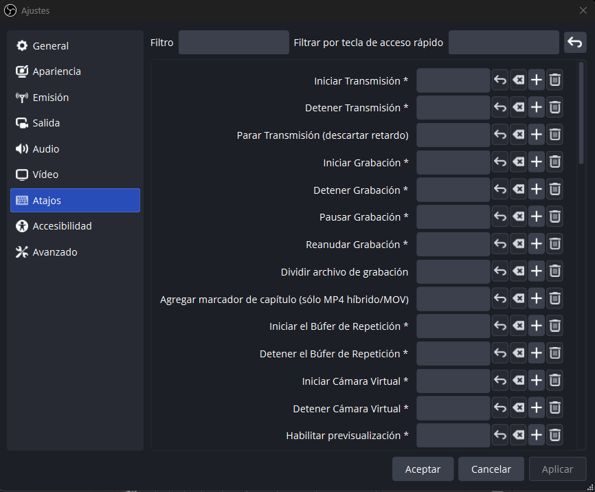 Panneau de raccourcis clavier OBS