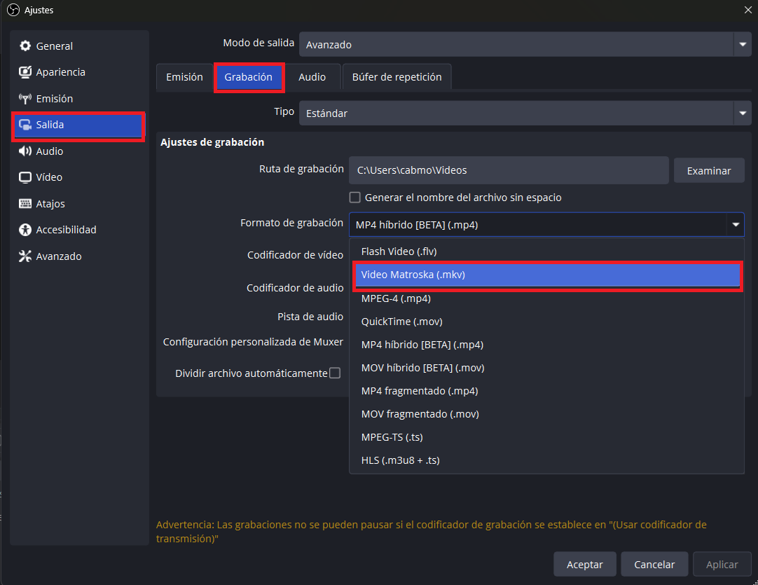Changer le format d'enregistrement