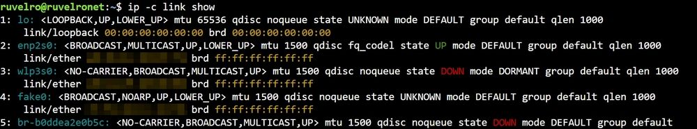 Sortie de la commande ip -c link show pour connaître le nom de la carte réseau sous Linux