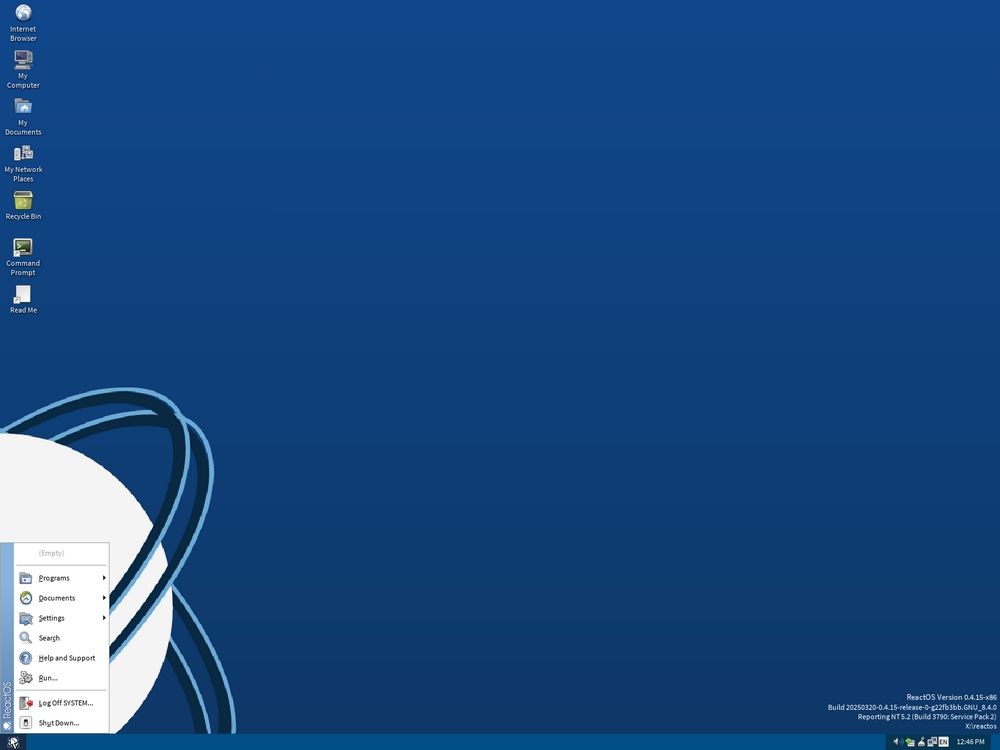 Bureau de la dernière version de ReactOS affichant un design classique similaire à celui de Windows avant XP.
