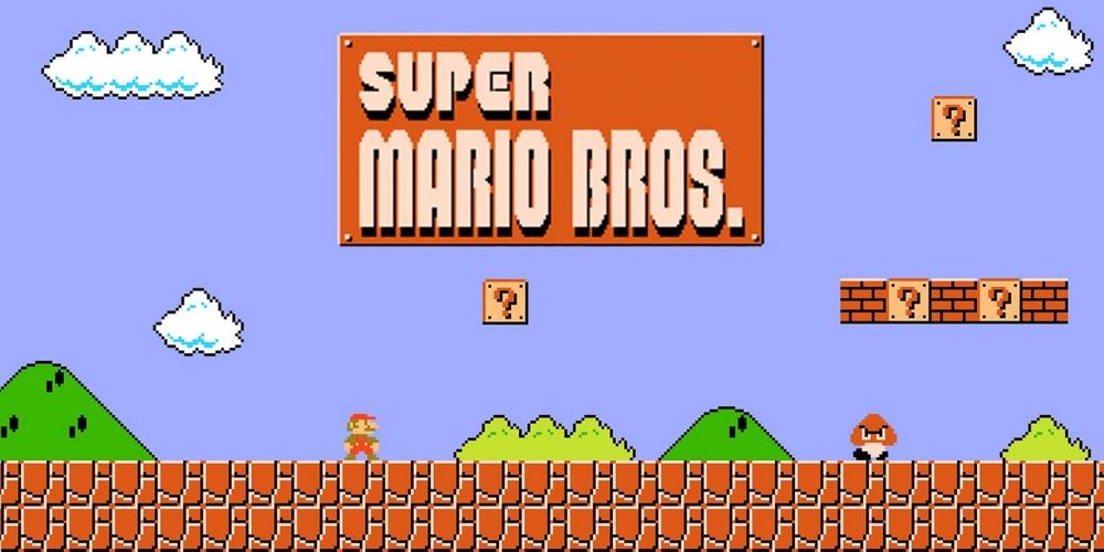 Capture d'écran du niveau 1-1 de Super Mario Bros pour NES, montrant Mario sur le point d'atteindre un bloc de point d'interrogation.