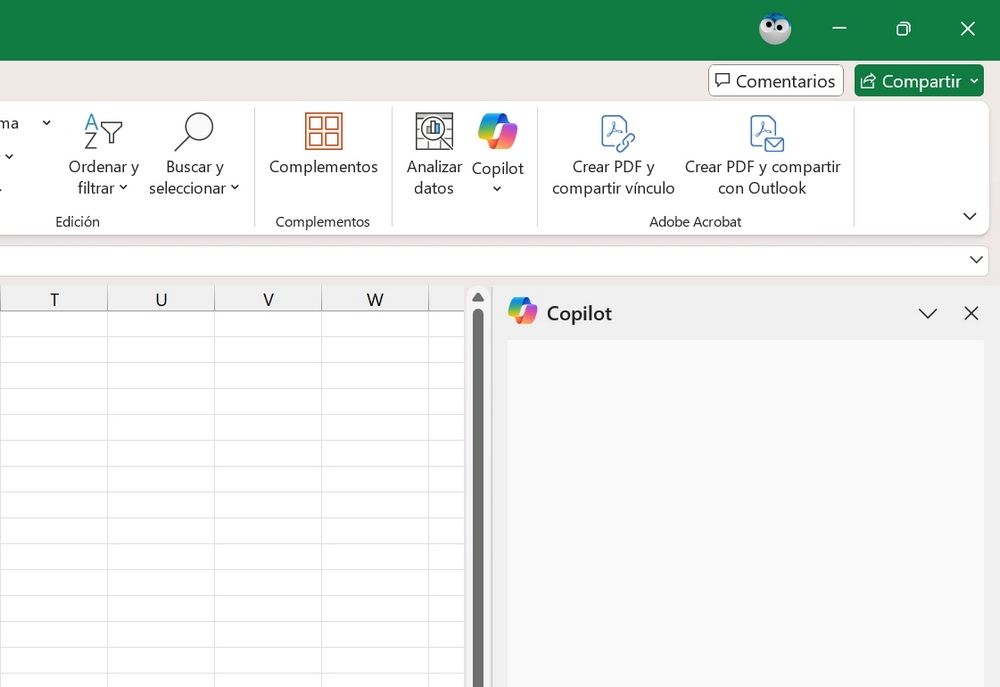 Capture d'écran Microsoft Excel où le panneau latéral du copilot apparaît bloqué, vide et sans chargement de contenu.