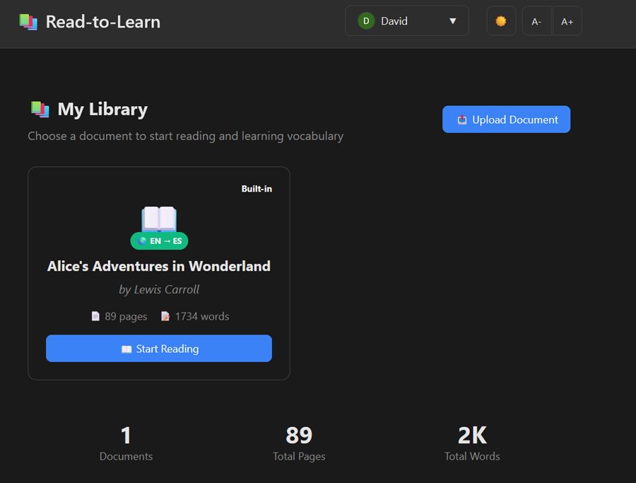 interface de l'application Web Langread